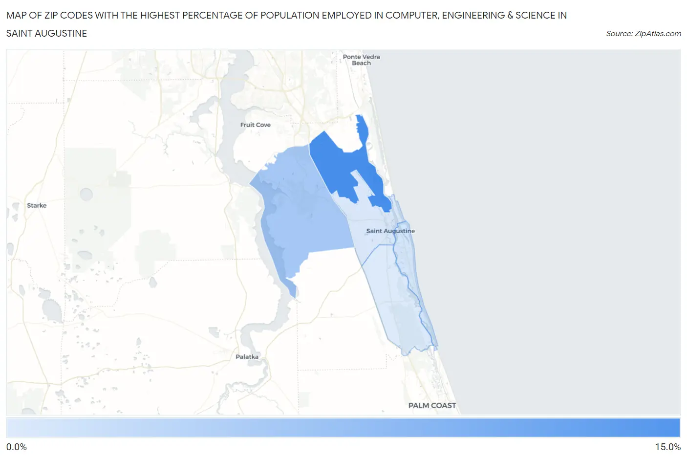 Zip Codes with the Highest Percentage of Population Employed in Computer, Engineering & Science in Saint Augustine Map
