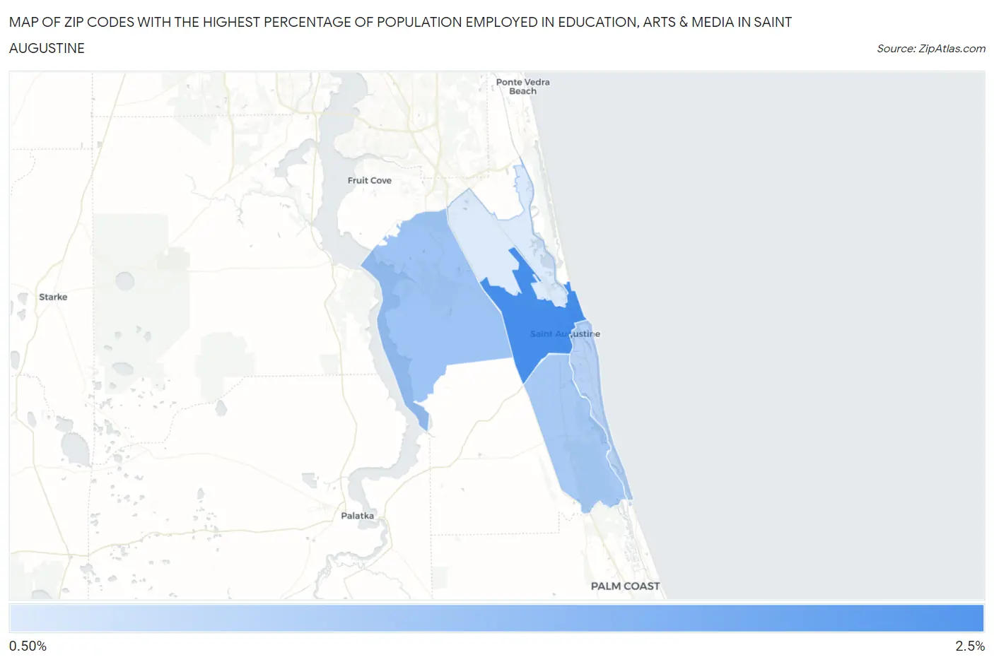 Zip Codes with the Highest Percentage of Population Employed in Education, Arts & Media in Saint Augustine Map