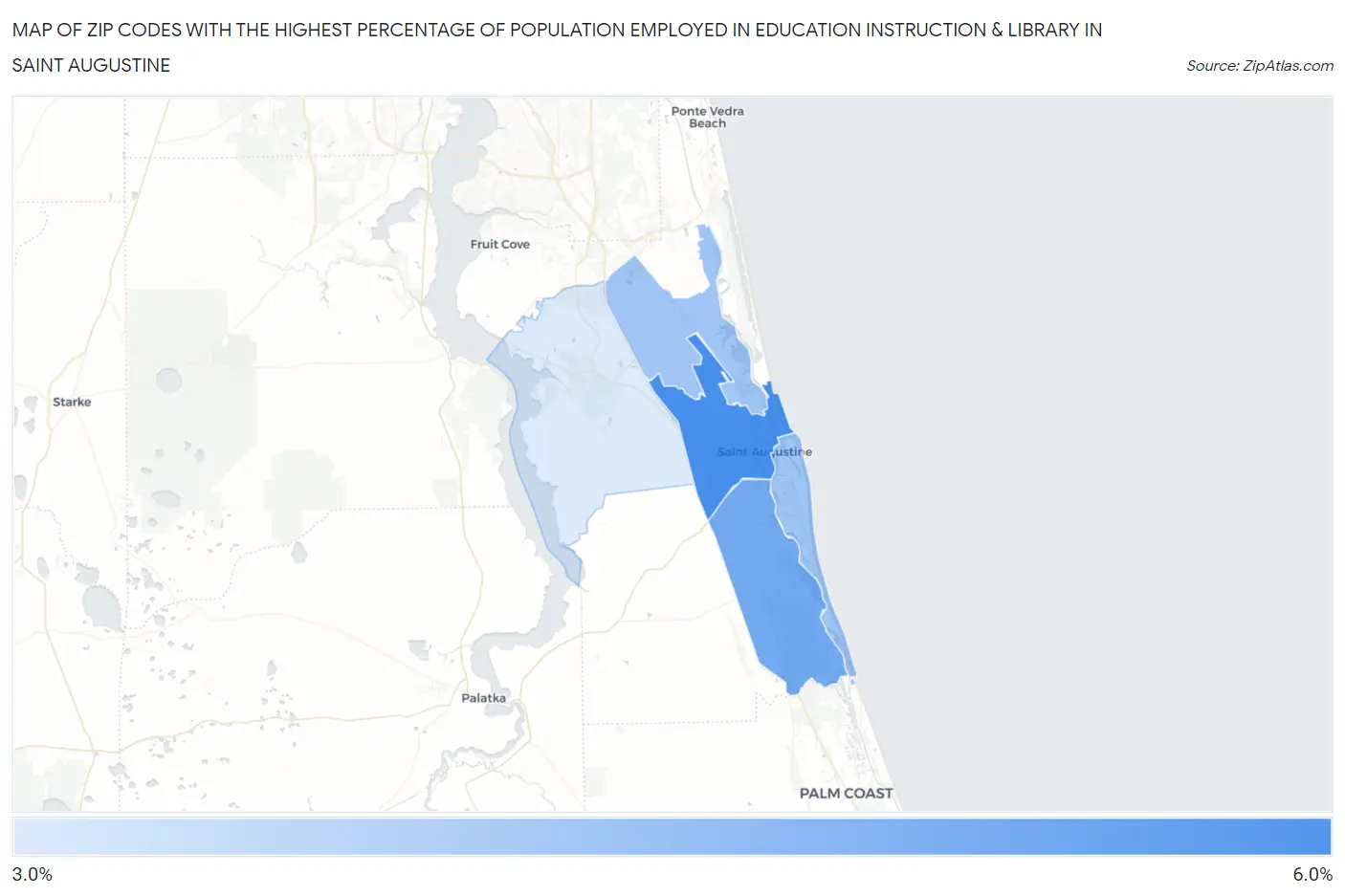 Zip Codes with the Highest Percentage of Population Employed in Education Instruction & Library in Saint Augustine Map