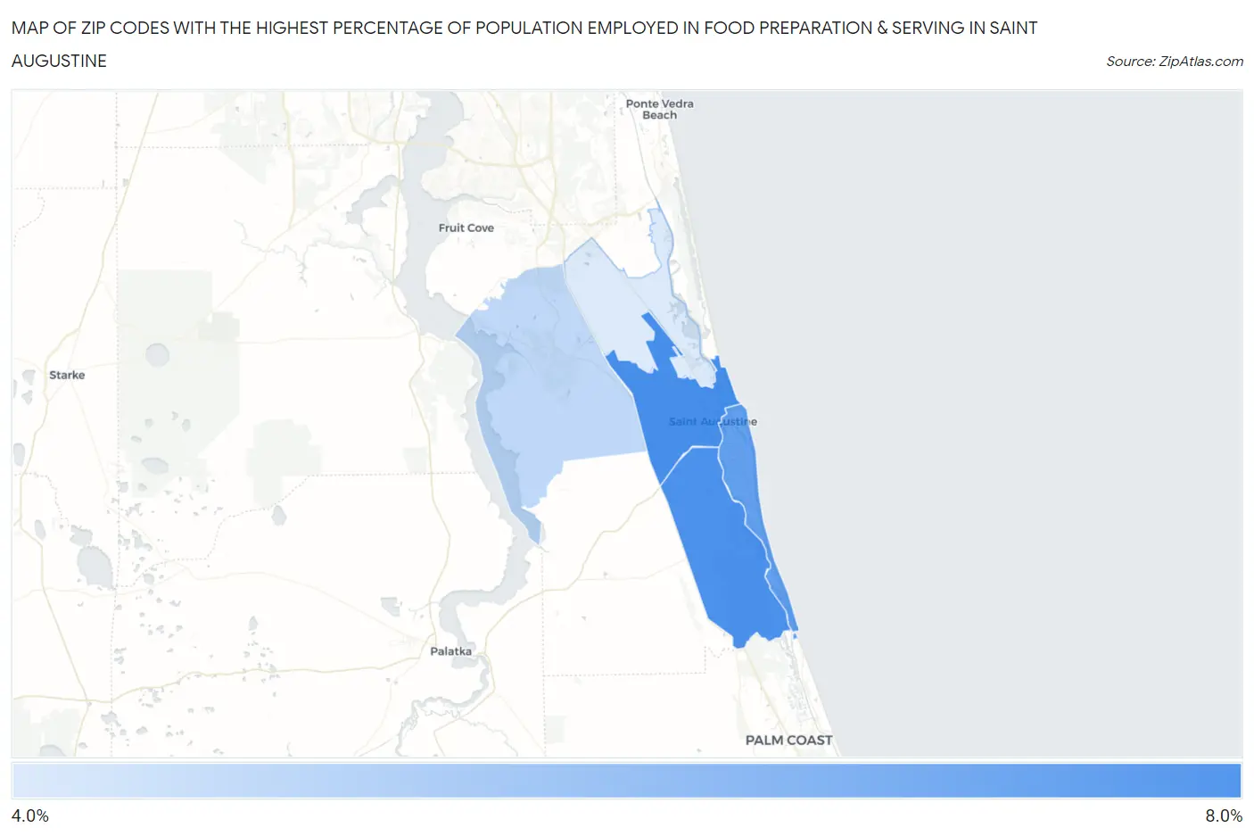 Zip Codes with the Highest Percentage of Population Employed in Food Preparation & Serving in Saint Augustine Map