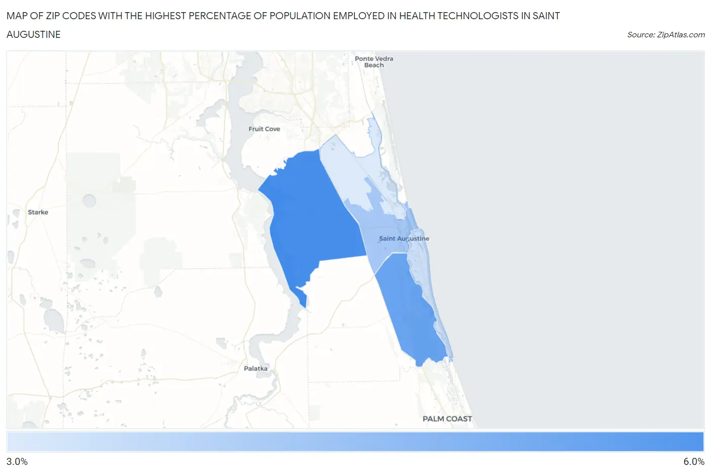 Zip Codes with the Highest Percentage of Population Employed in Health Technologists in Saint Augustine Map
