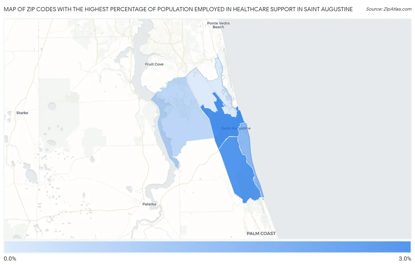 Zip Codes with the Highest Percentage of Population Employed in Healthcare Support in Saint Augustine Map