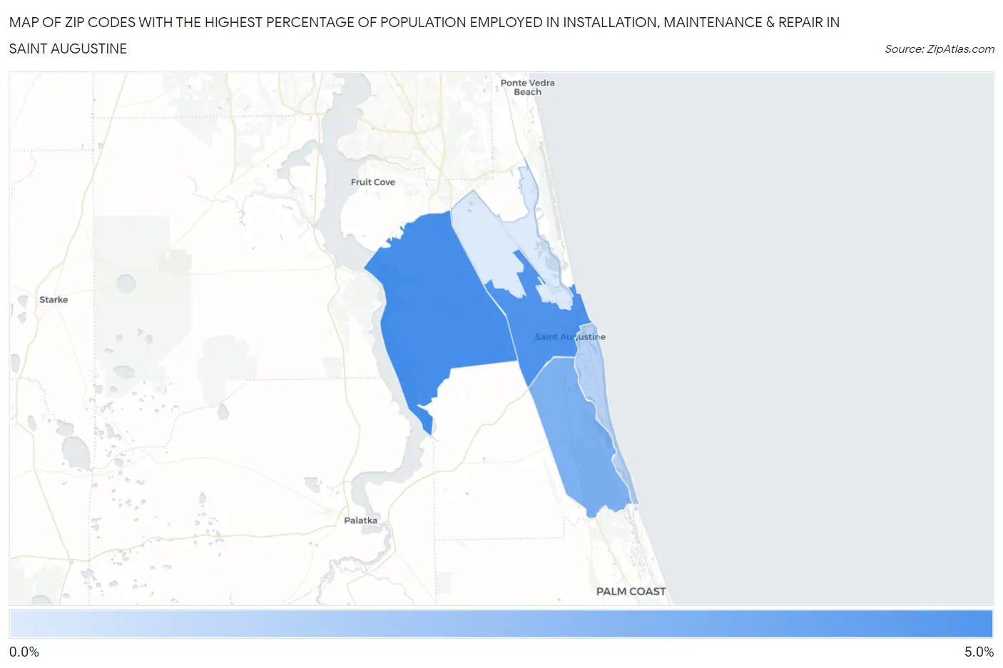 Zip Codes with the Highest Percentage of Population Employed in Installation, Maintenance & Repair in Saint Augustine Map