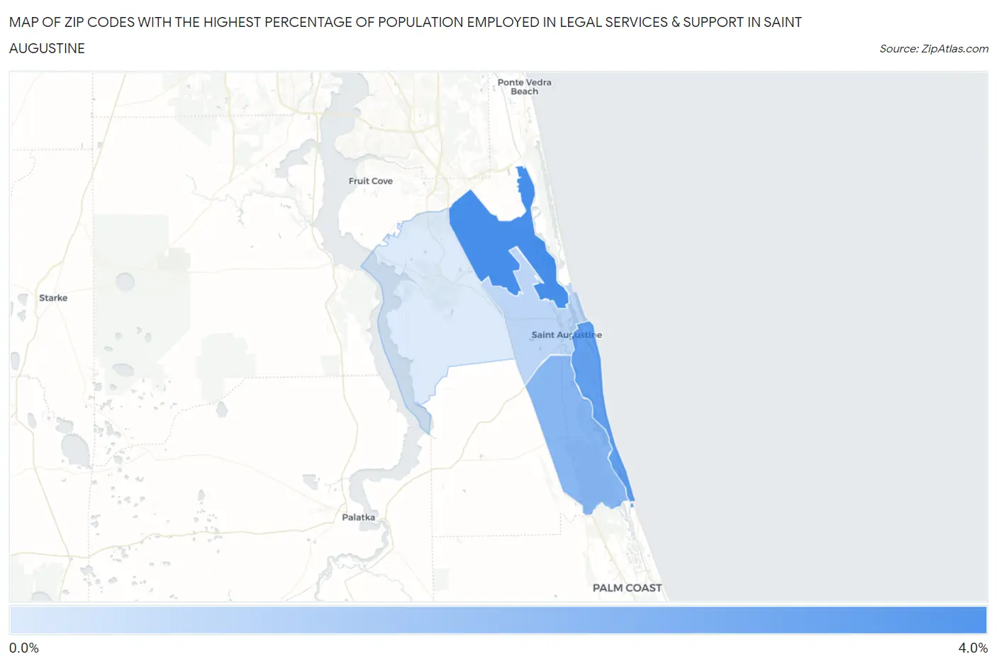 Zip Codes with the Highest Percentage of Population Employed in Legal Services & Support in Saint Augustine Map