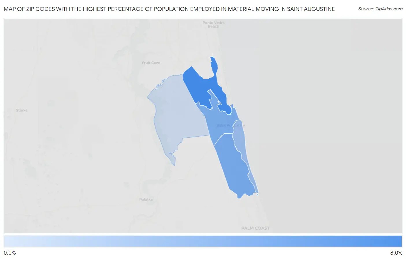 Zip Codes with the Highest Percentage of Population Employed in Material Moving in Saint Augustine Map