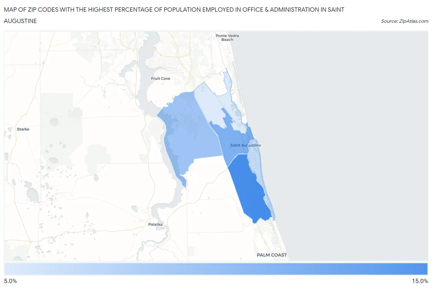 Zip Codes with the Highest Percentage of Population Employed in Office & Administration in Saint Augustine Map