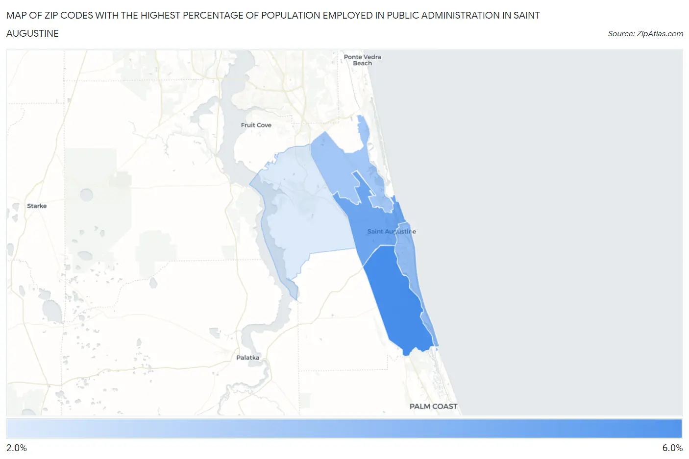 Zip Codes with the Highest Percentage of Population Employed in Public Administration in Saint Augustine Map