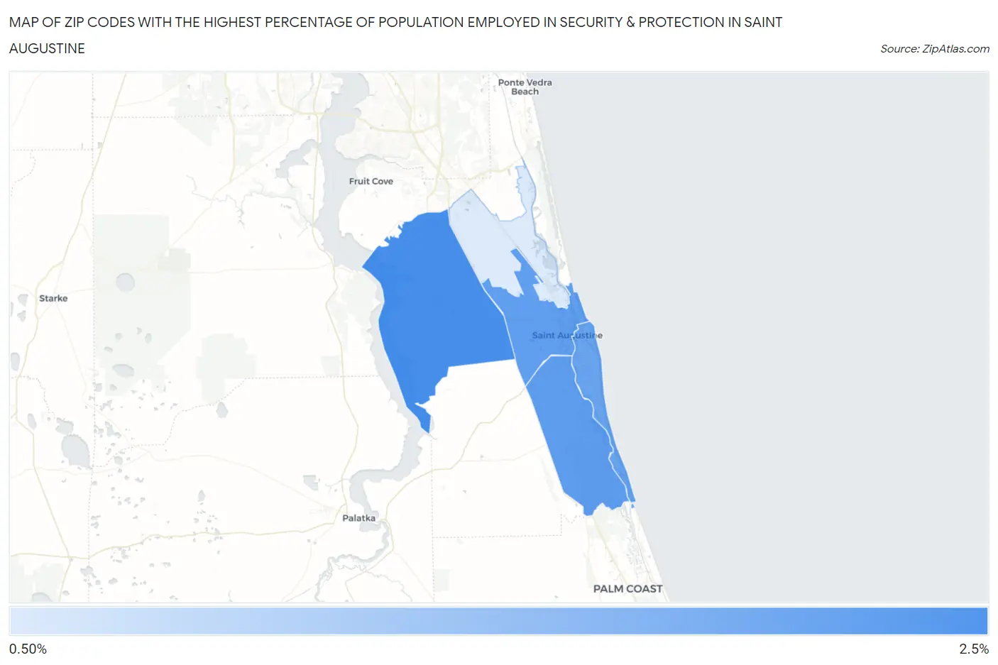 Zip Codes with the Highest Percentage of Population Employed in Security & Protection in Saint Augustine Map
