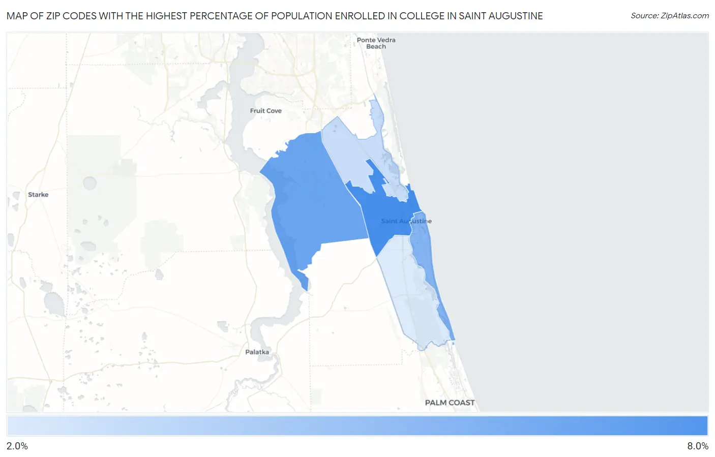 Zip Codes with the Highest Percentage of Population Enrolled in College in Saint Augustine Map