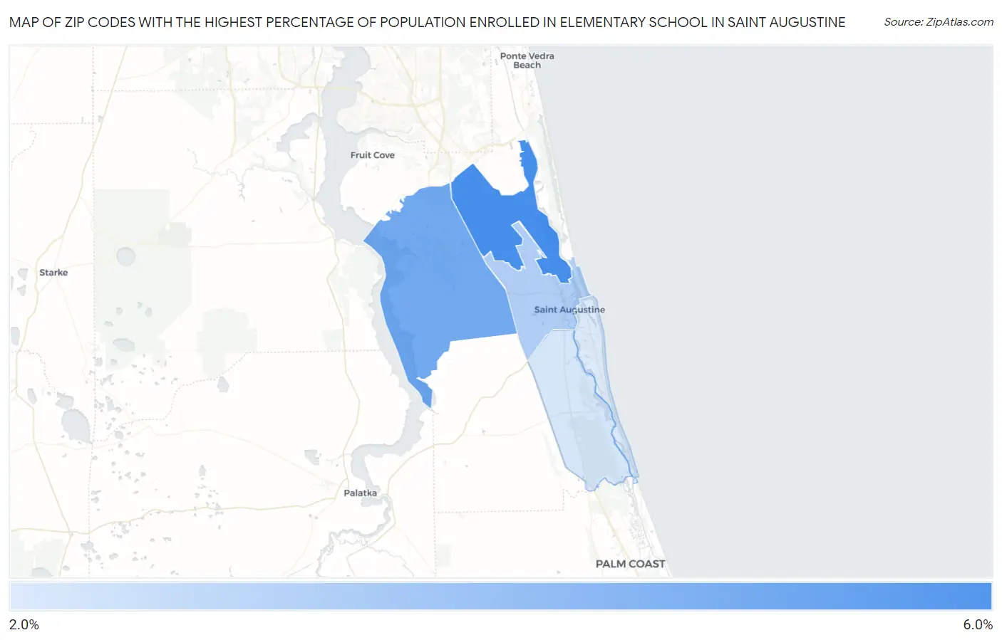 Zip Codes with the Highest Percentage of Population Enrolled in Elementary School in Saint Augustine Map