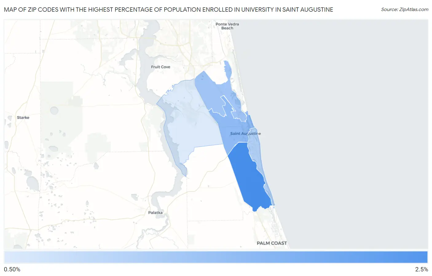 Zip Codes with the Highest Percentage of Population Enrolled in University in Saint Augustine Map