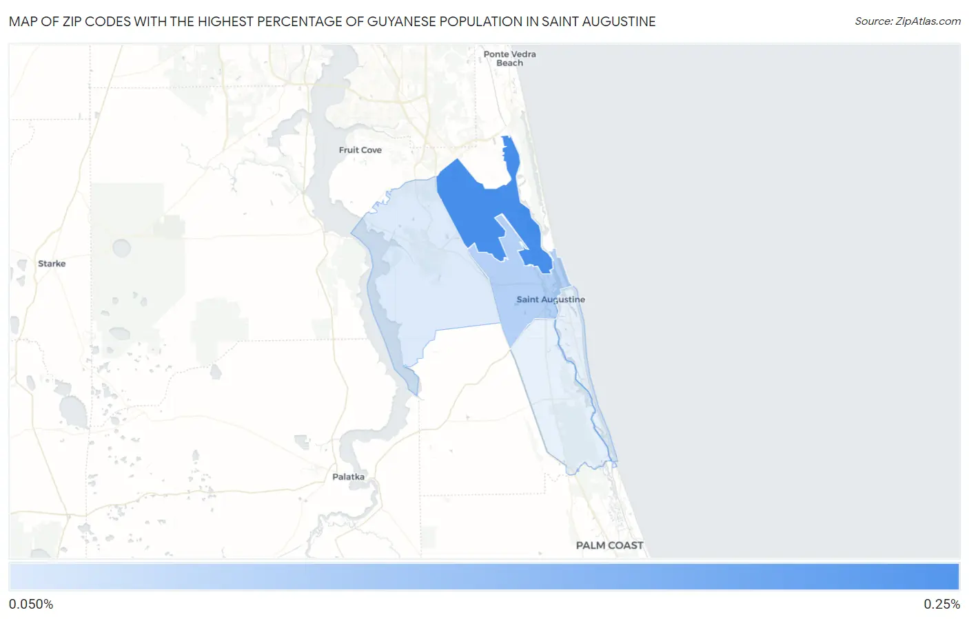 Zip Codes with the Highest Percentage of Guyanese Population in Saint Augustine Map
