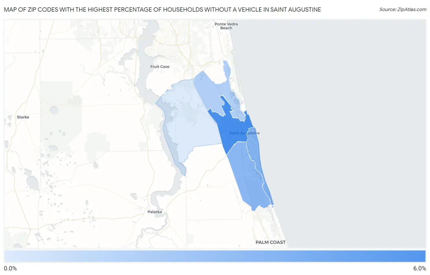 Zip Codes with the Highest Percentage of Households Without a Vehicle in Saint Augustine Map