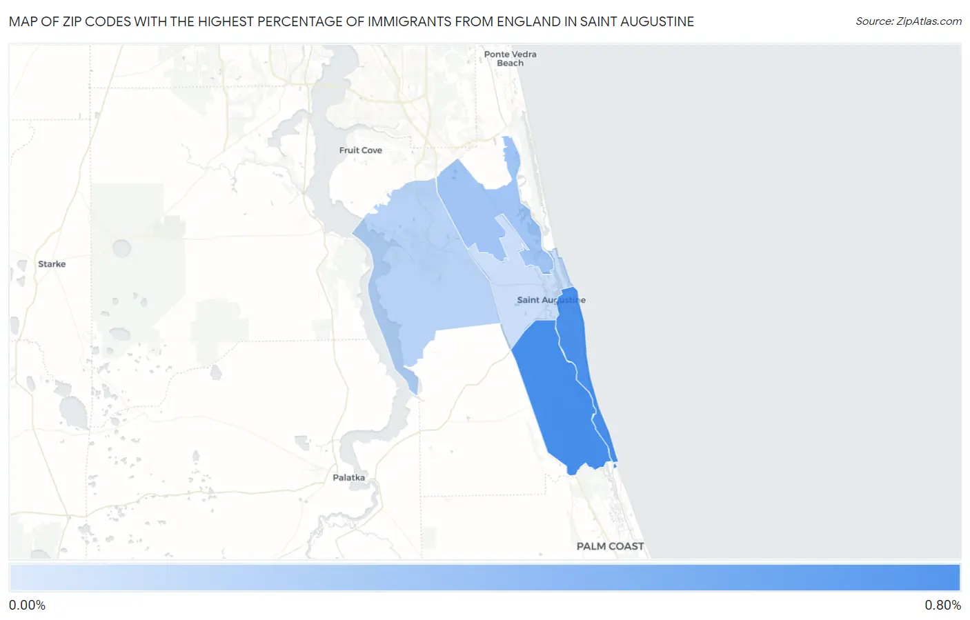 Zip Codes with the Highest Percentage of Immigrants from England in Saint Augustine Map