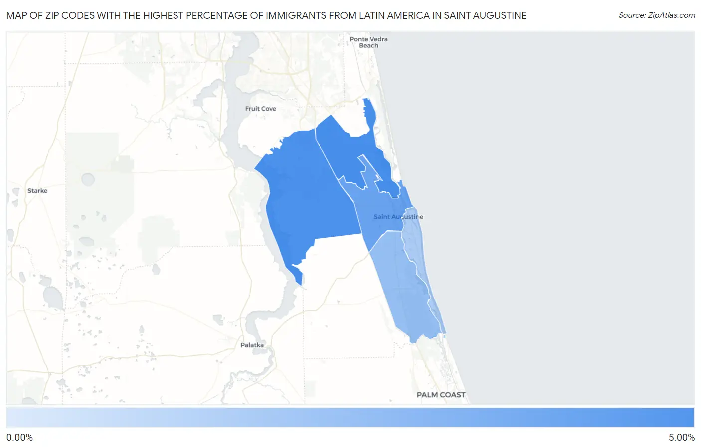 Zip Codes with the Highest Percentage of Immigrants from Latin America in Saint Augustine Map