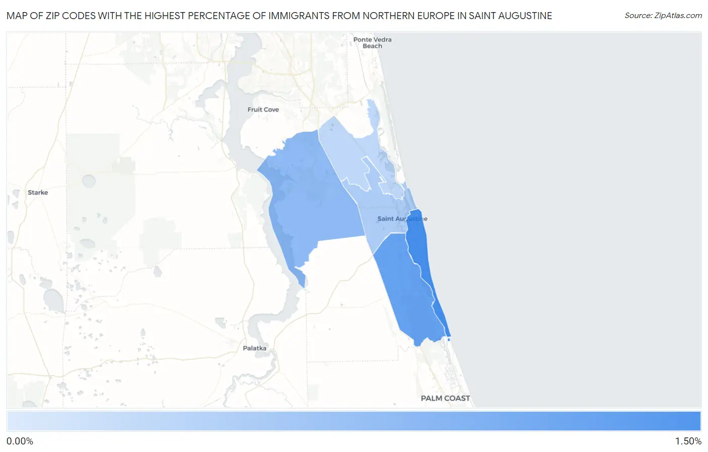 Zip Codes with the Highest Percentage of Immigrants from Northern Europe in Saint Augustine Map