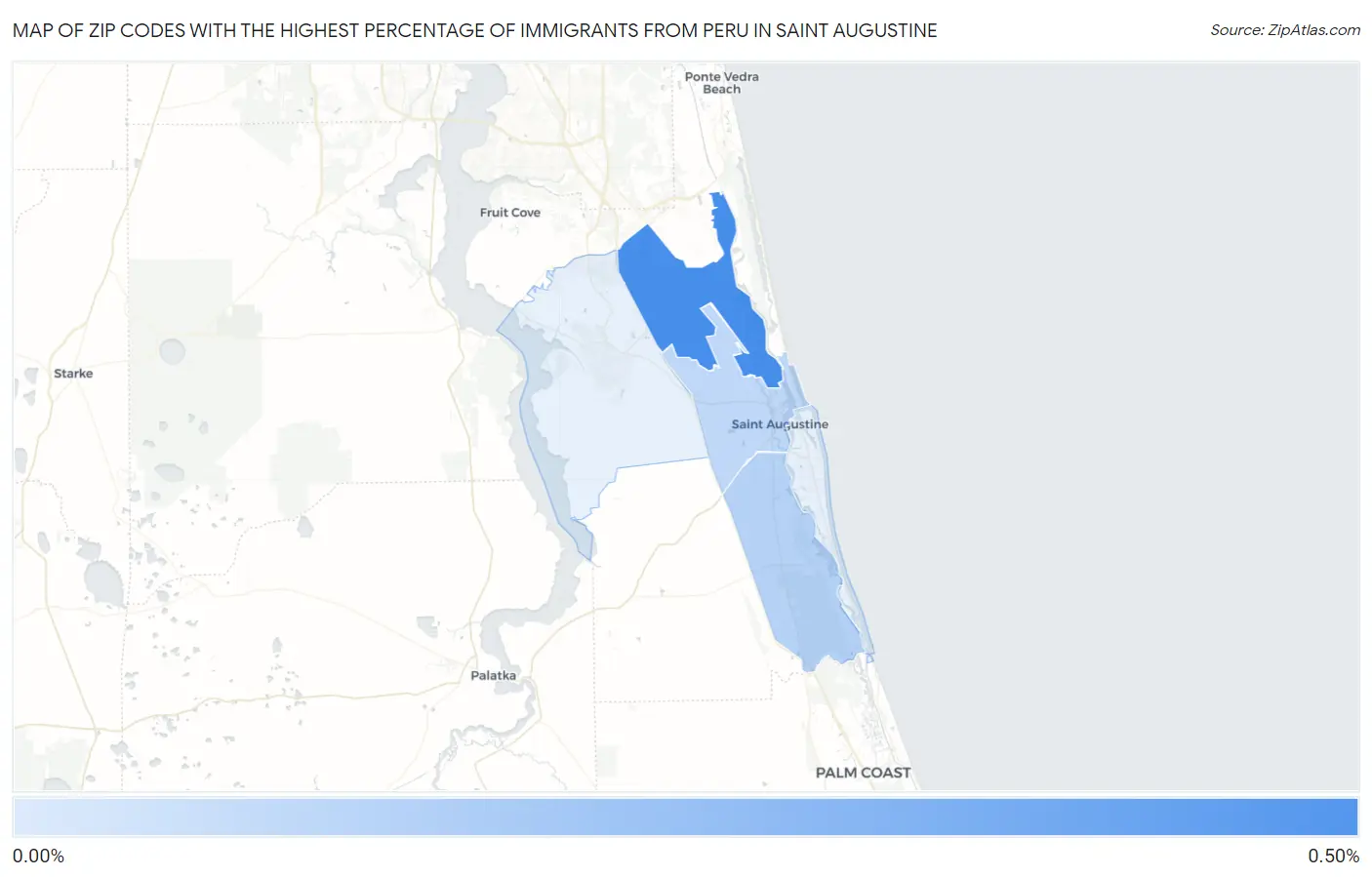 Zip Codes with the Highest Percentage of Immigrants from Peru in Saint Augustine Map