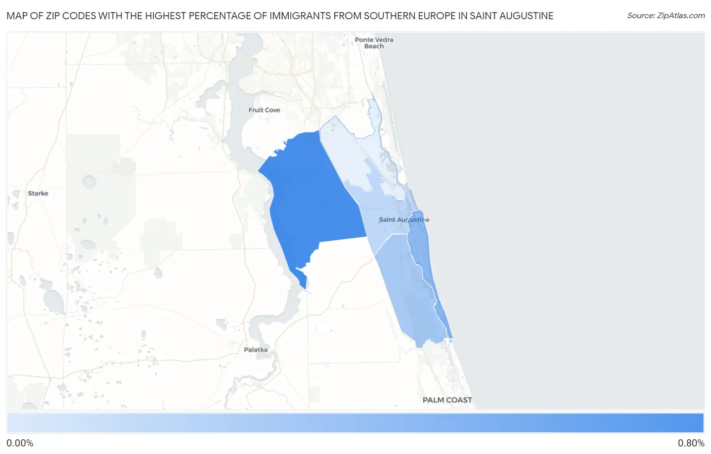 Zip Codes with the Highest Percentage of Immigrants from Southern Europe in Saint Augustine Map