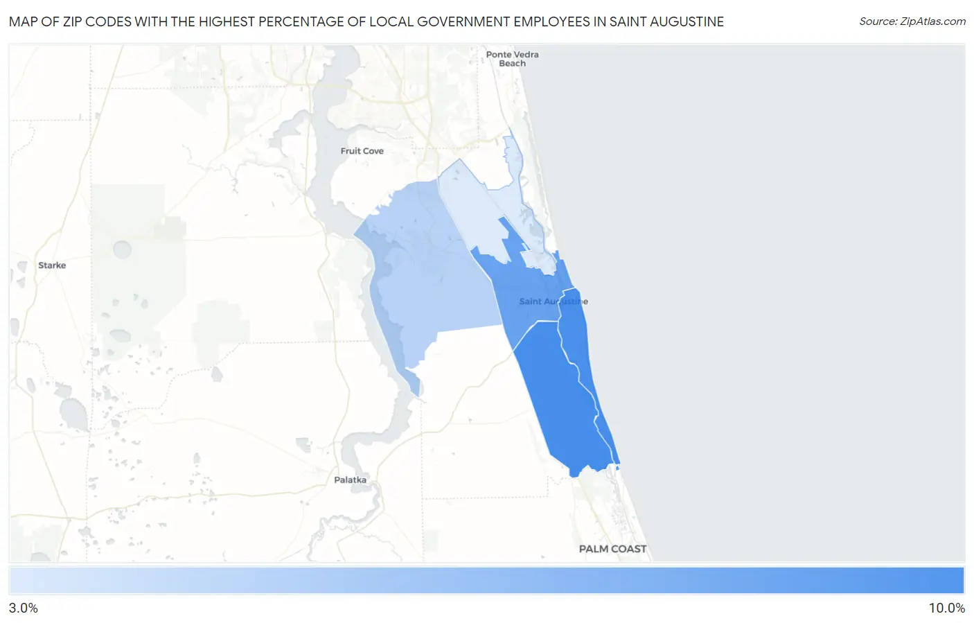 Zip Codes with the Highest Percentage of Local Government Employees in Saint Augustine Map