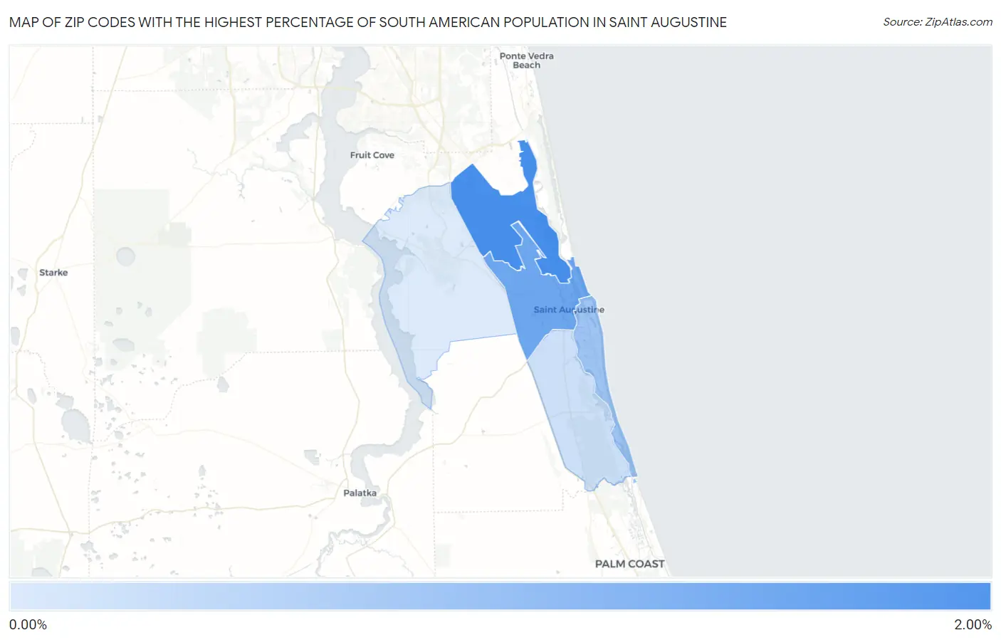 Zip Codes with the Highest Percentage of South American Population in Saint Augustine Map