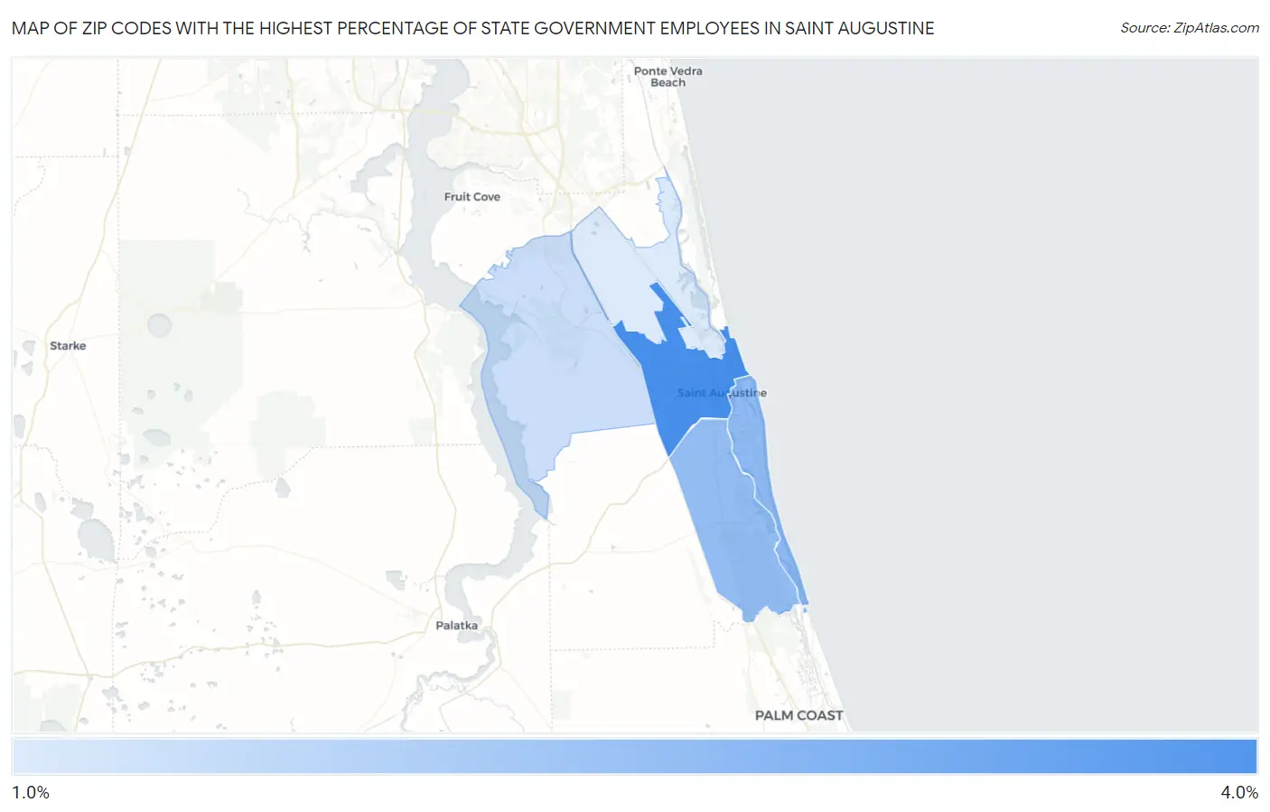 Zip Codes with the Highest Percentage of State Government Employees in Saint Augustine Map