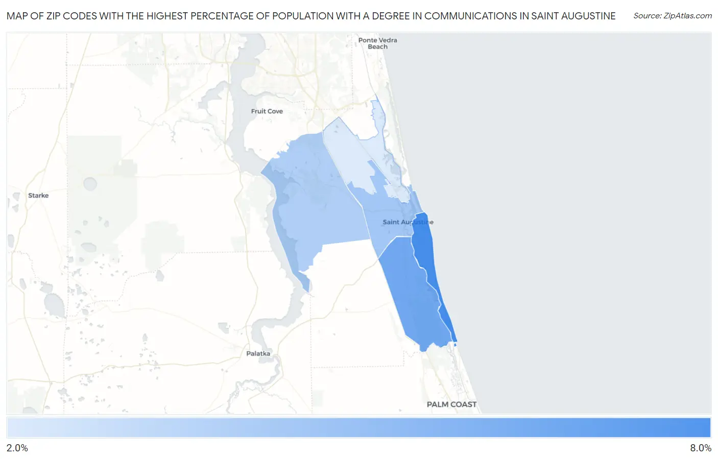 Zip Codes with the Highest Percentage of Population with a Degree in Communications in Saint Augustine Map