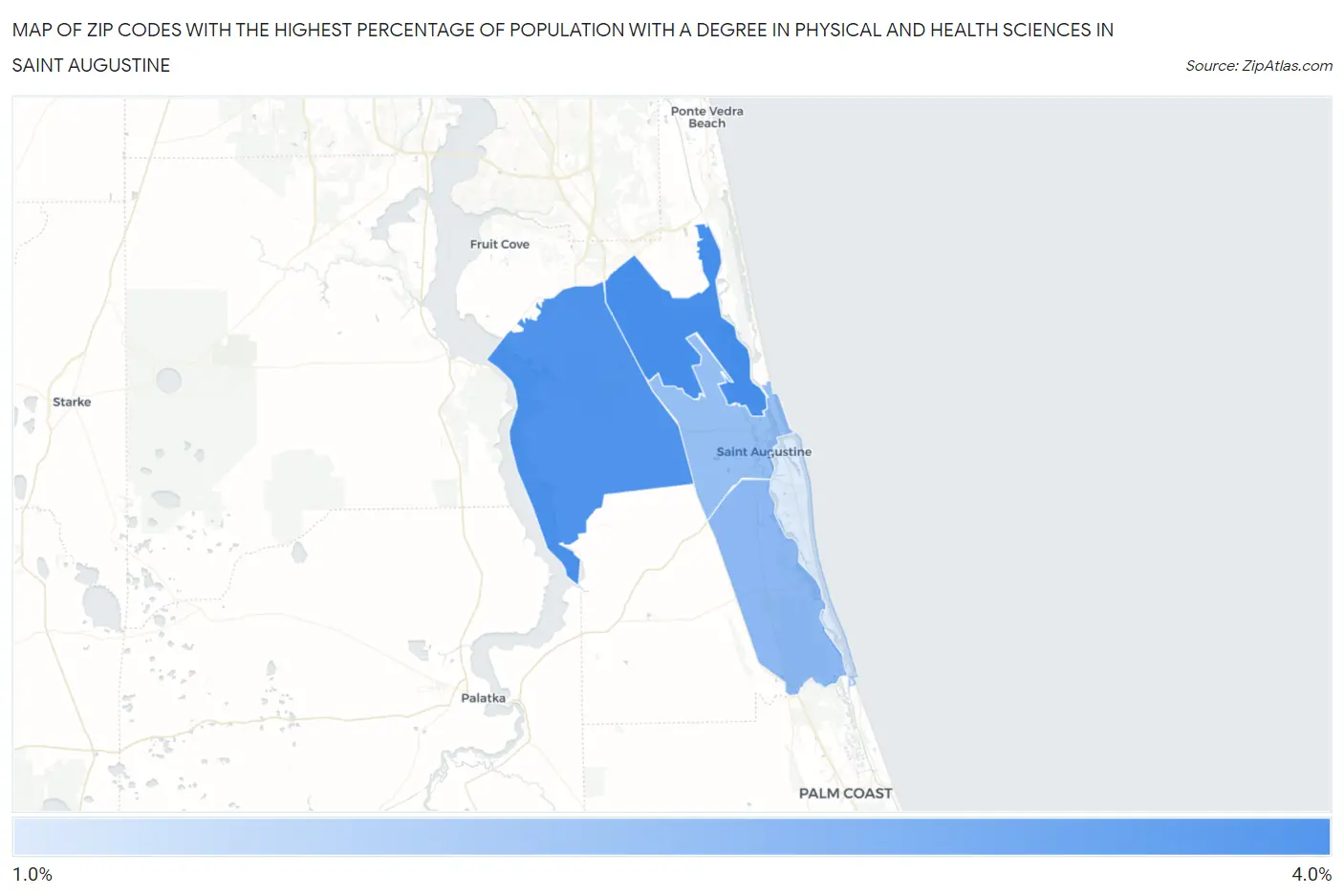 Zip Codes with the Highest Percentage of Population with a Degree in Physical and Health Sciences in Saint Augustine Map