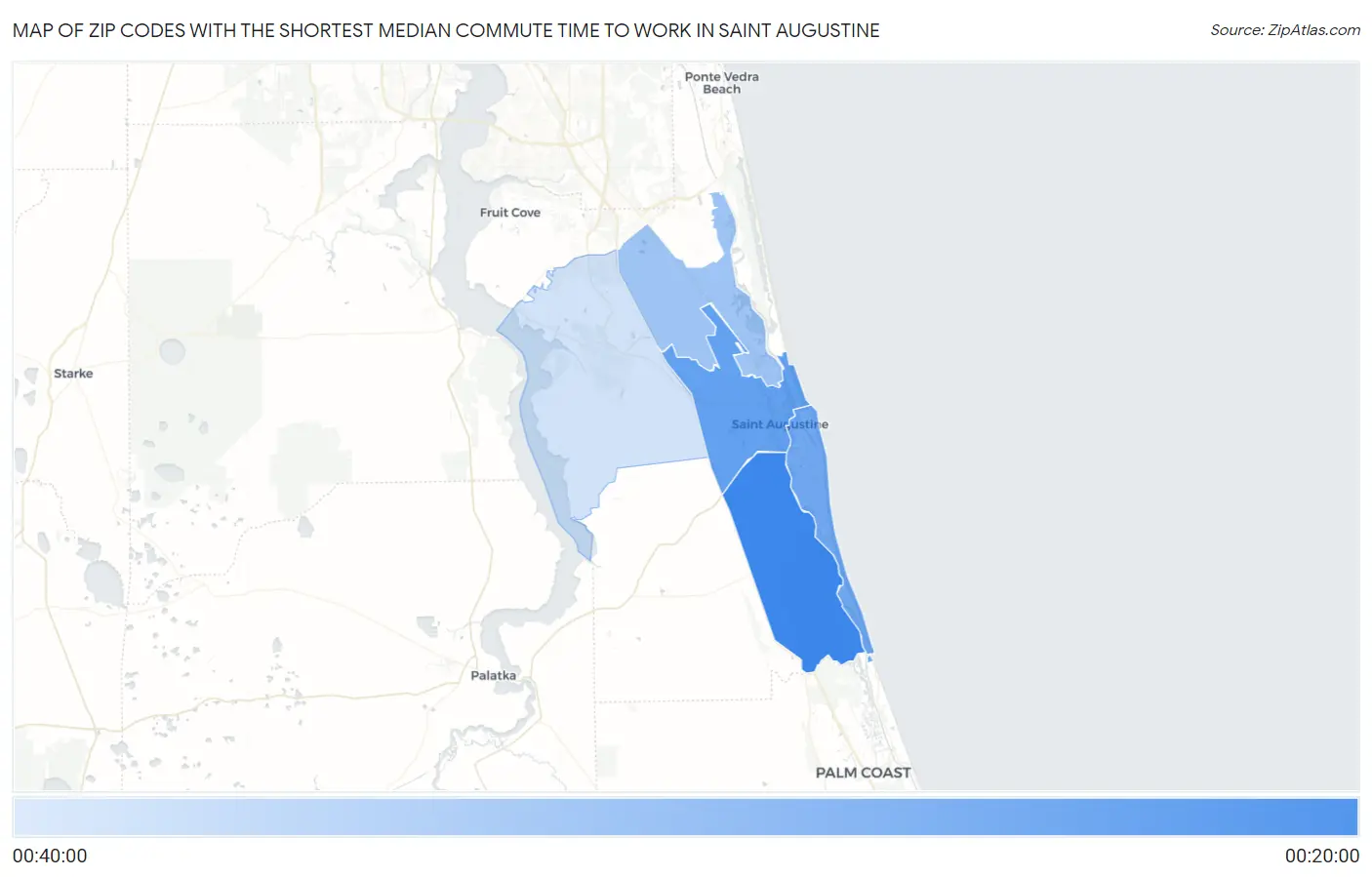 Zip Codes with the Shortest Median Commute Time to Work in Saint Augustine Map