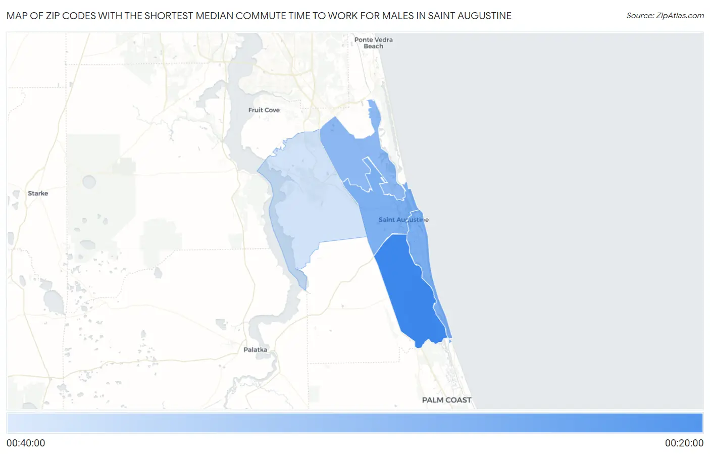 Zip Codes with the Shortest Median Commute Time to Work for Males in Saint Augustine Map