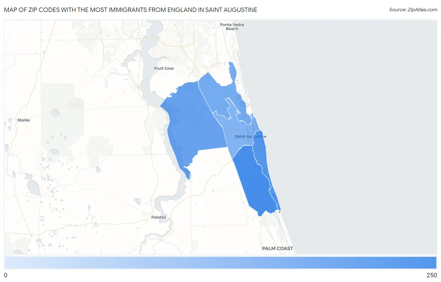Zip Codes with the Most Immigrants from England in Saint Augustine Map