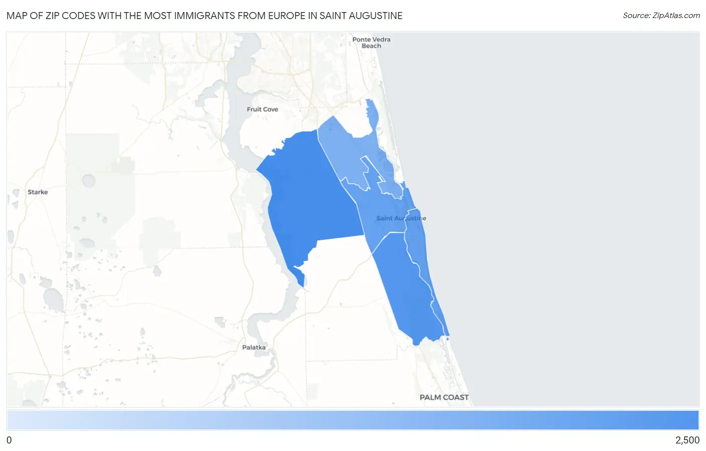 Zip Codes with the Most Immigrants from Europe in Saint Augustine Map