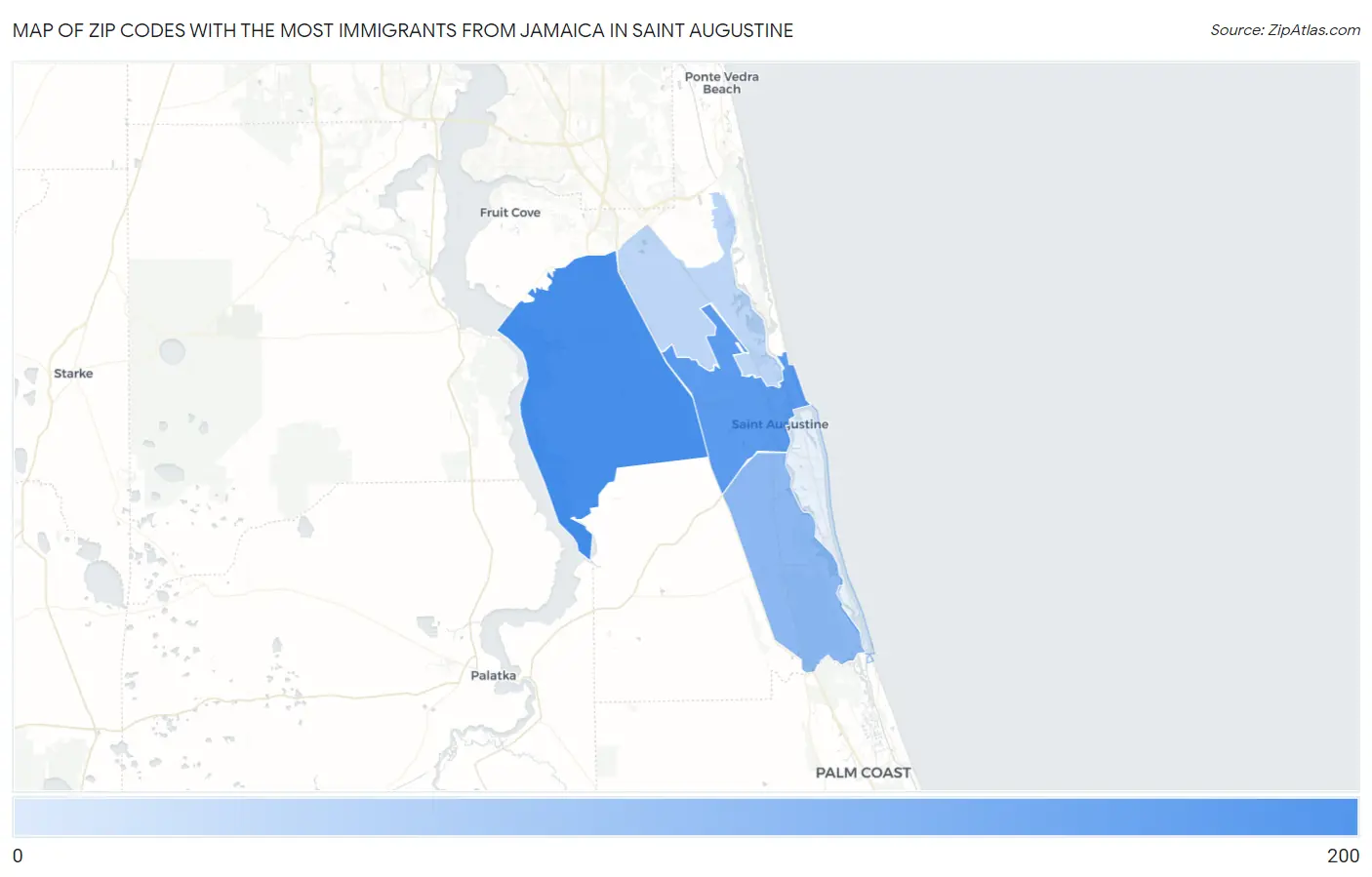 Zip Codes with the Most Immigrants from Jamaica in Saint Augustine Map