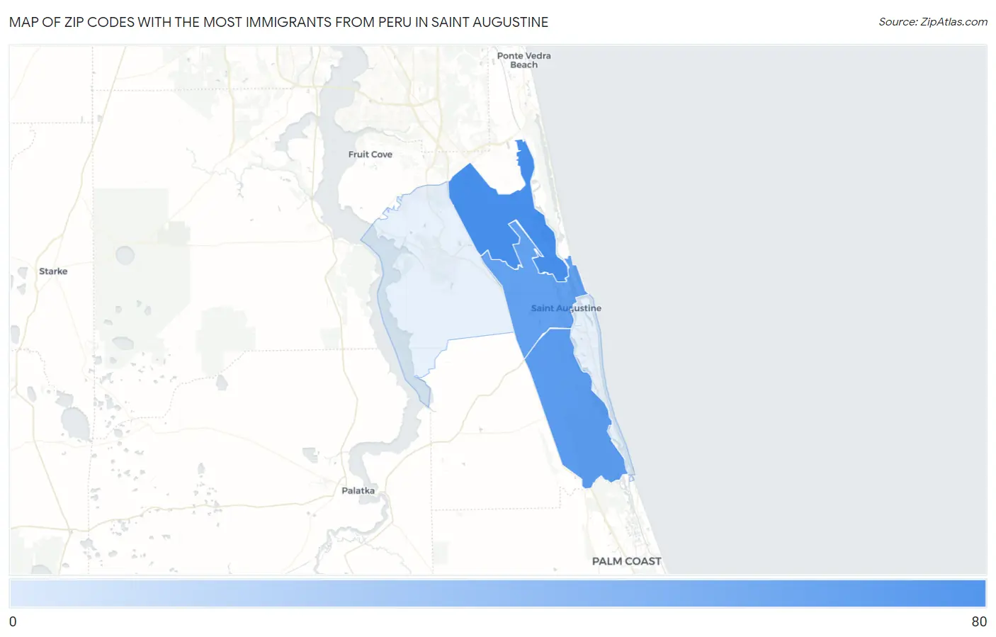 Zip Codes with the Most Immigrants from Peru in Saint Augustine Map