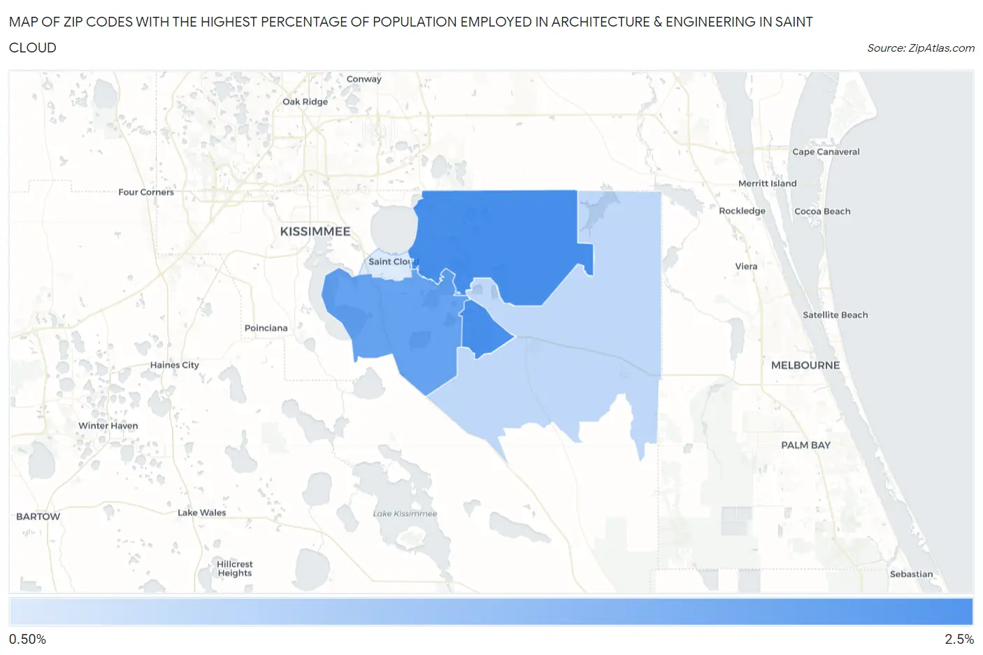 Zip Codes with the Highest Percentage of Population Employed in Architecture & Engineering in Saint Cloud Map