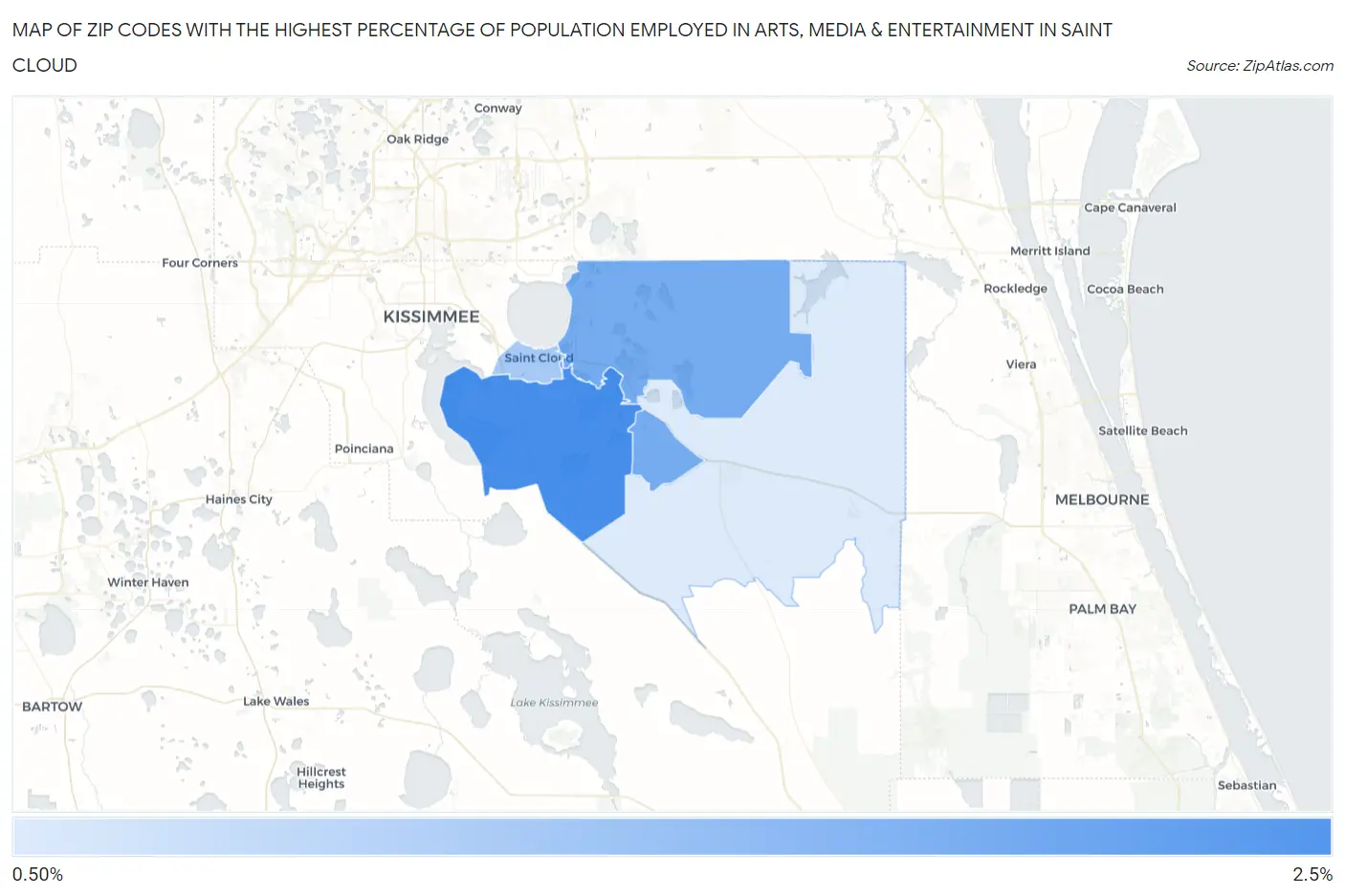 Zip Codes with the Highest Percentage of Population Employed in Arts, Media & Entertainment in Saint Cloud Map