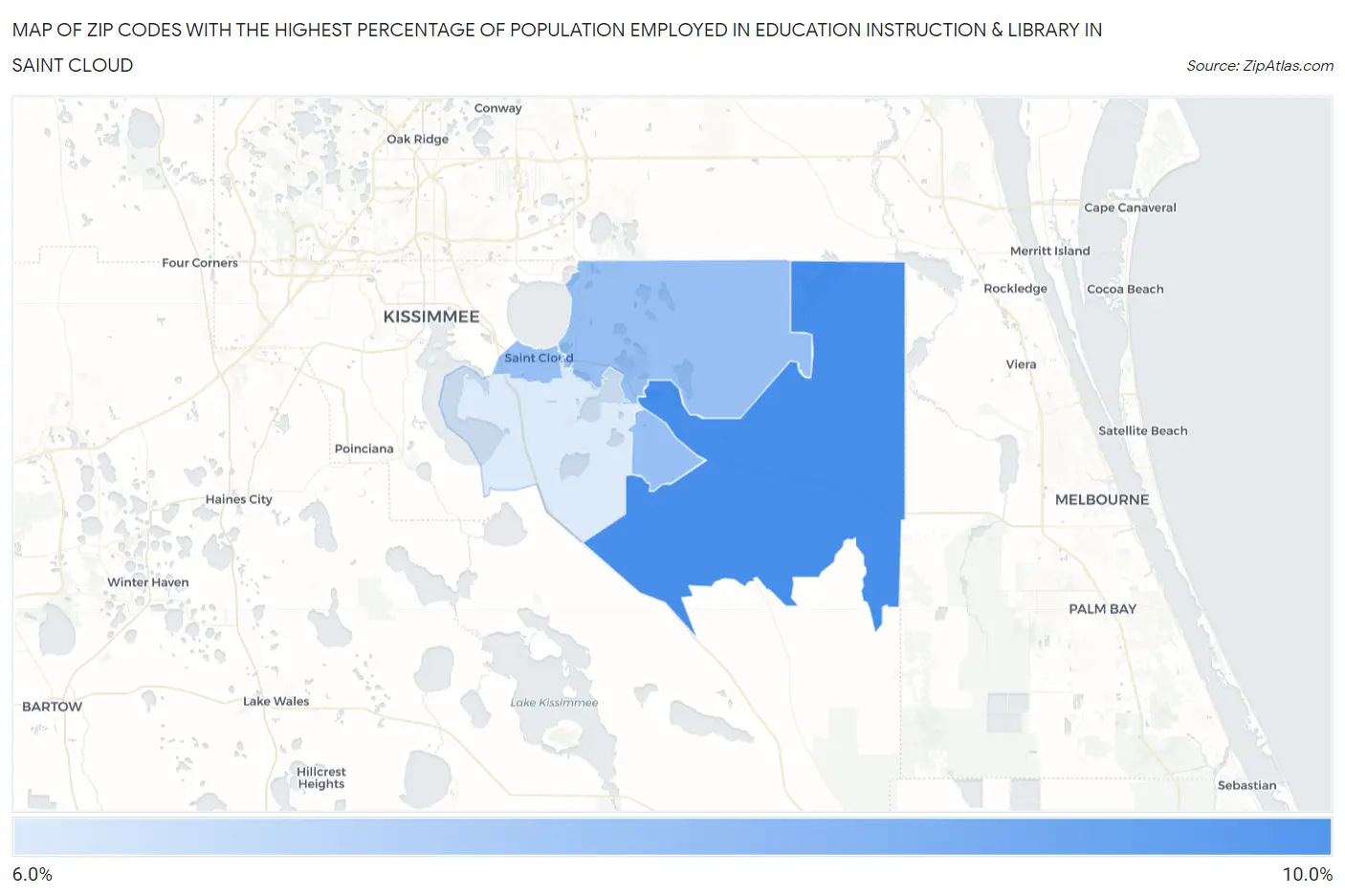 Zip Codes with the Highest Percentage of Population Employed in Education Instruction & Library in Saint Cloud Map