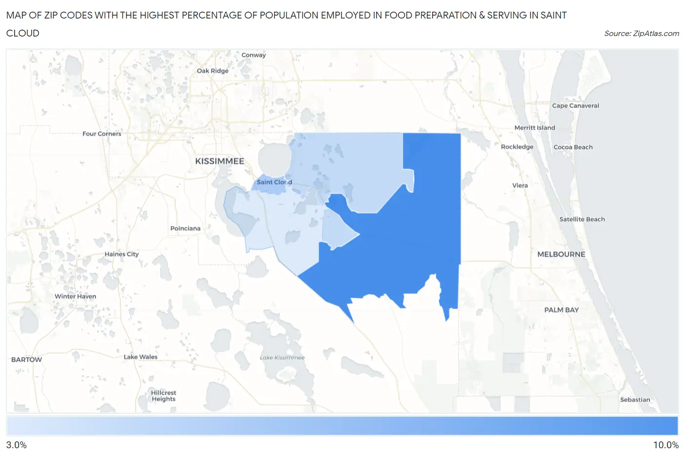 Zip Codes with the Highest Percentage of Population Employed in Food Preparation & Serving in Saint Cloud Map