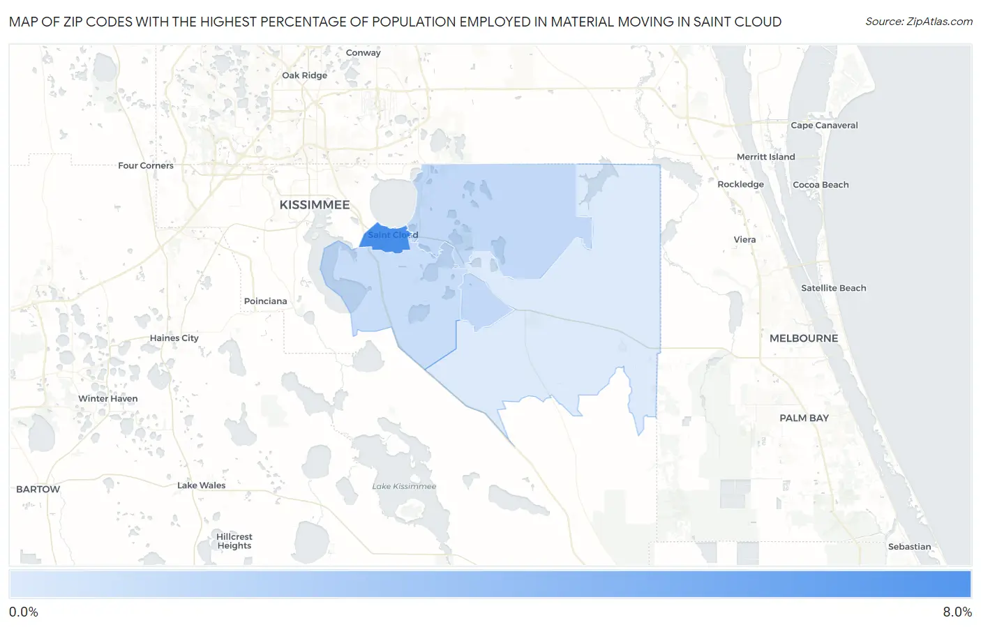 Zip Codes with the Highest Percentage of Population Employed in Material Moving in Saint Cloud Map