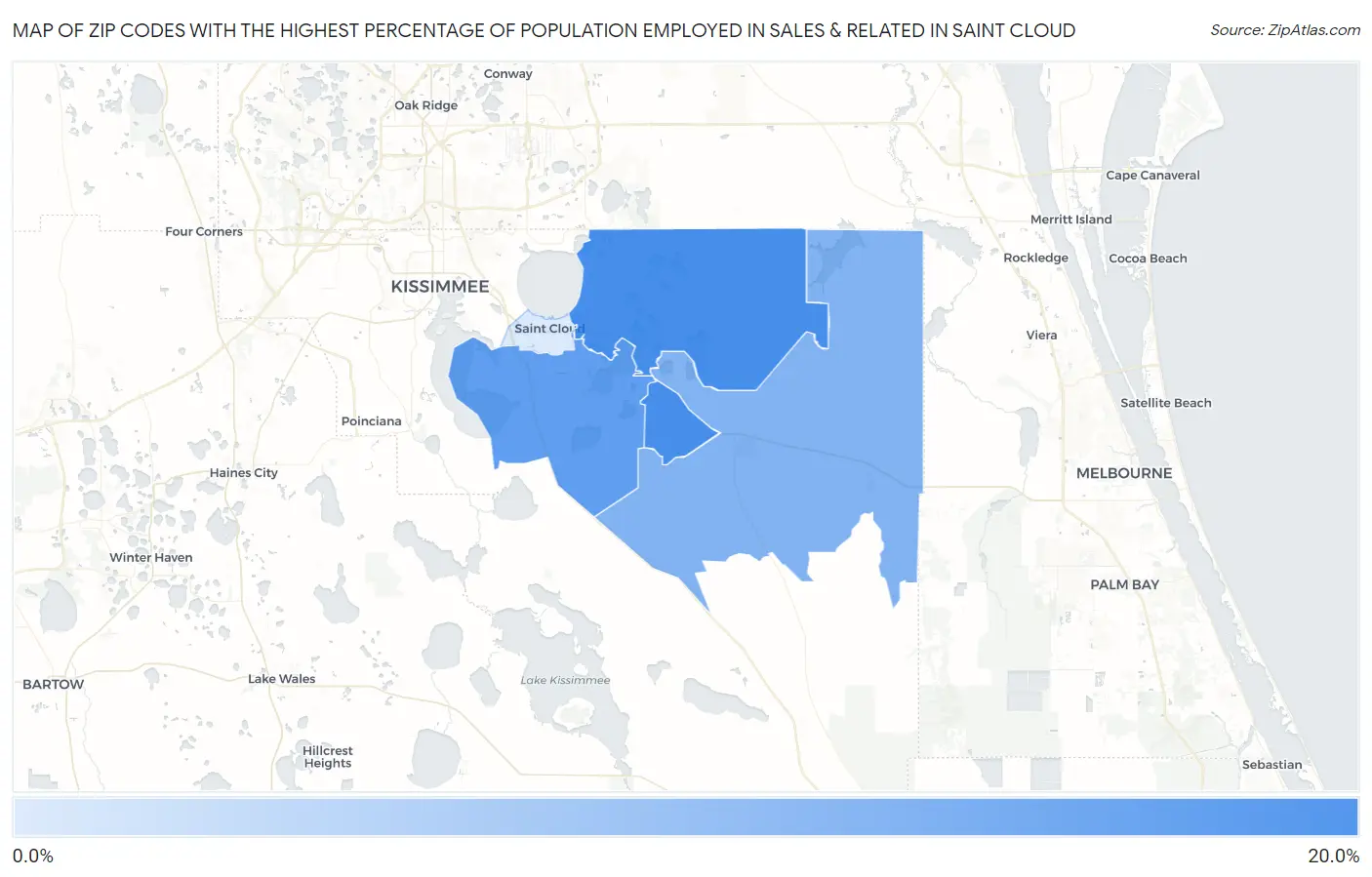 Zip Codes with the Highest Percentage of Population Employed in Sales & Related in Saint Cloud Map