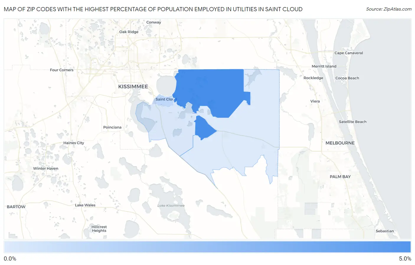 Zip Codes with the Highest Percentage of Population Employed in Utilities in Saint Cloud Map