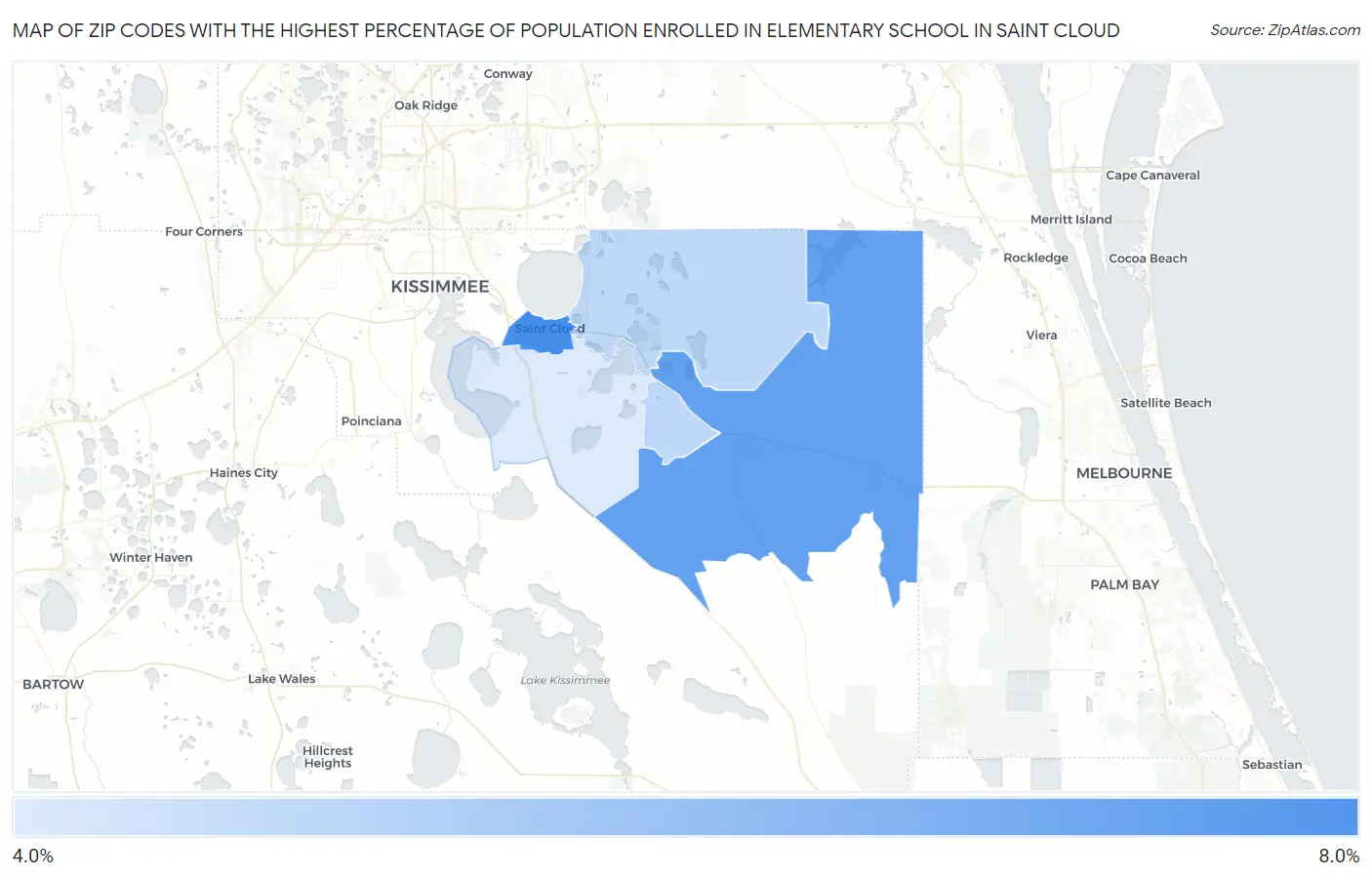 Zip Codes with the Highest Percentage of Population Enrolled in Elementary School in Saint Cloud Map