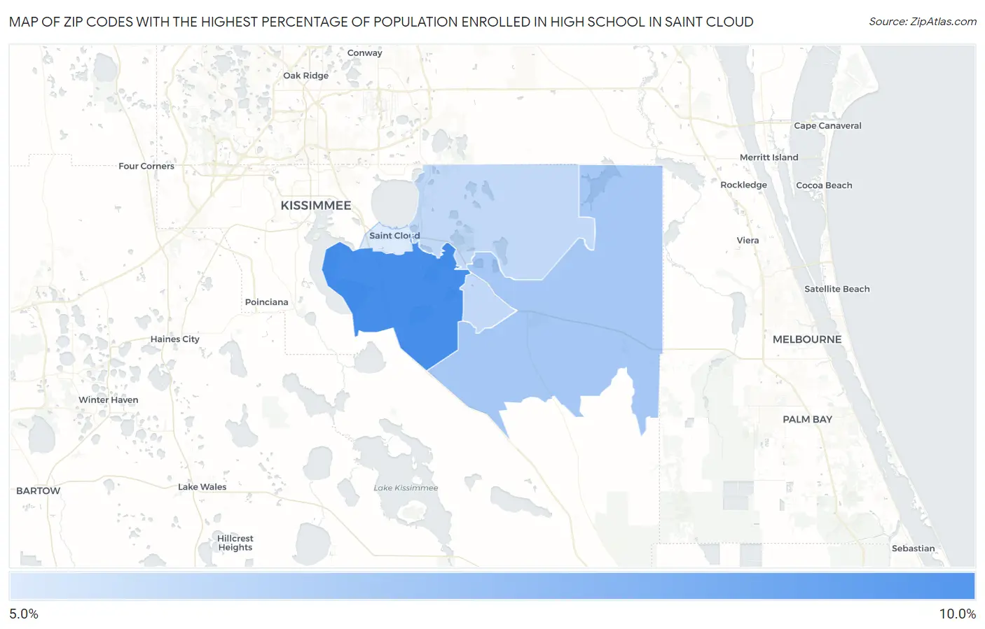 Zip Codes with the Highest Percentage of Population Enrolled in High School in Saint Cloud Map