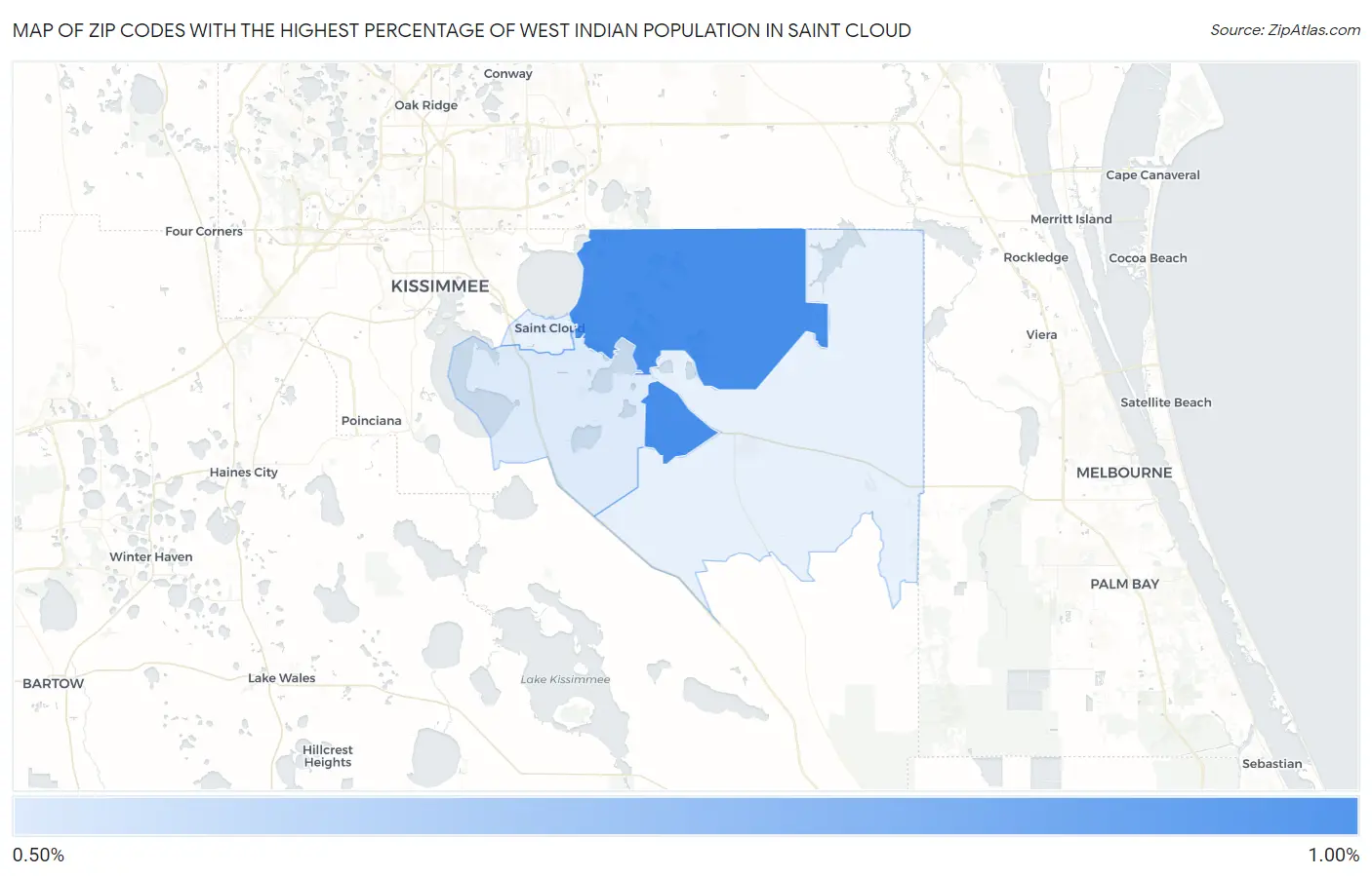 Zip Codes with the Highest Percentage of West Indian Population in Saint Cloud Map