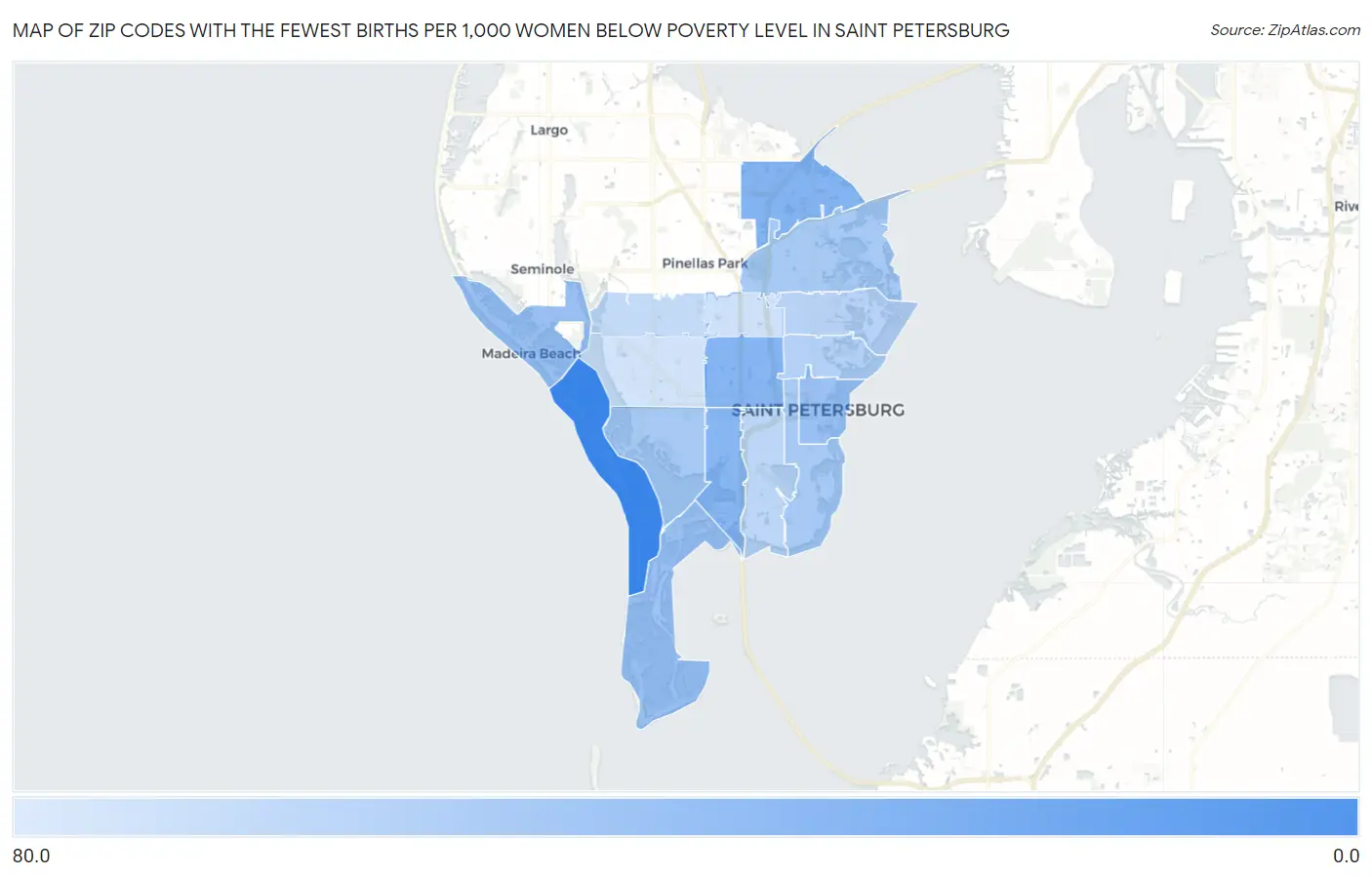 Zip Codes with the Fewest Births per 1,000 Women Below Poverty Level in Saint Petersburg Map