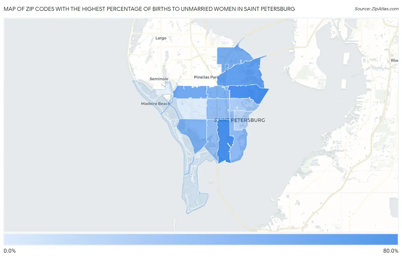 Zip Codes with the Highest Percentage of Births to Unmarried Women in Saint Petersburg Map