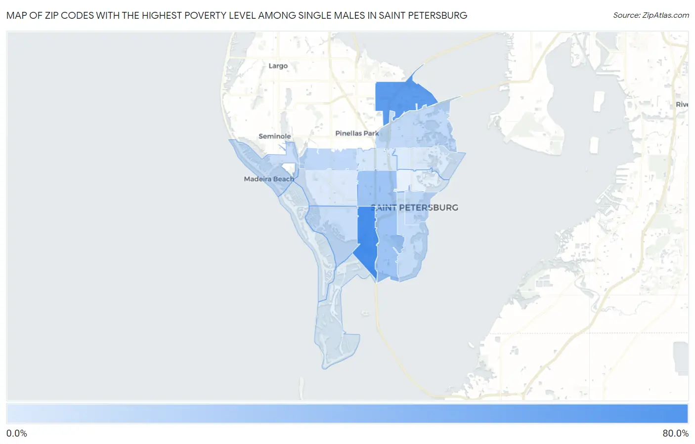 Zip Codes with the Highest Poverty Level Among Single Males in Saint Petersburg Map