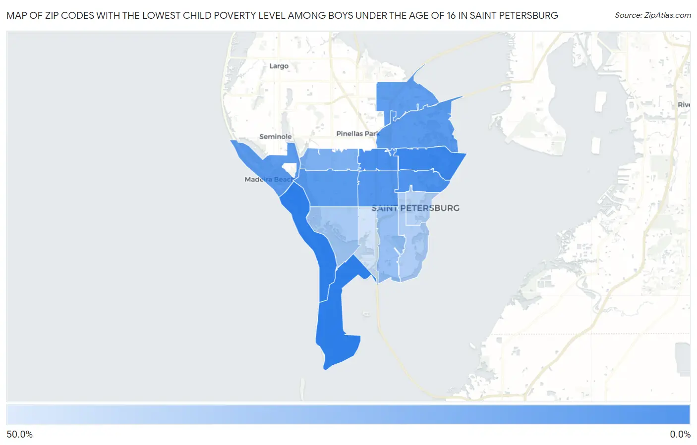 Zip Codes with the Lowest Child Poverty Level Among Boys Under the Age of 16 in Saint Petersburg Map