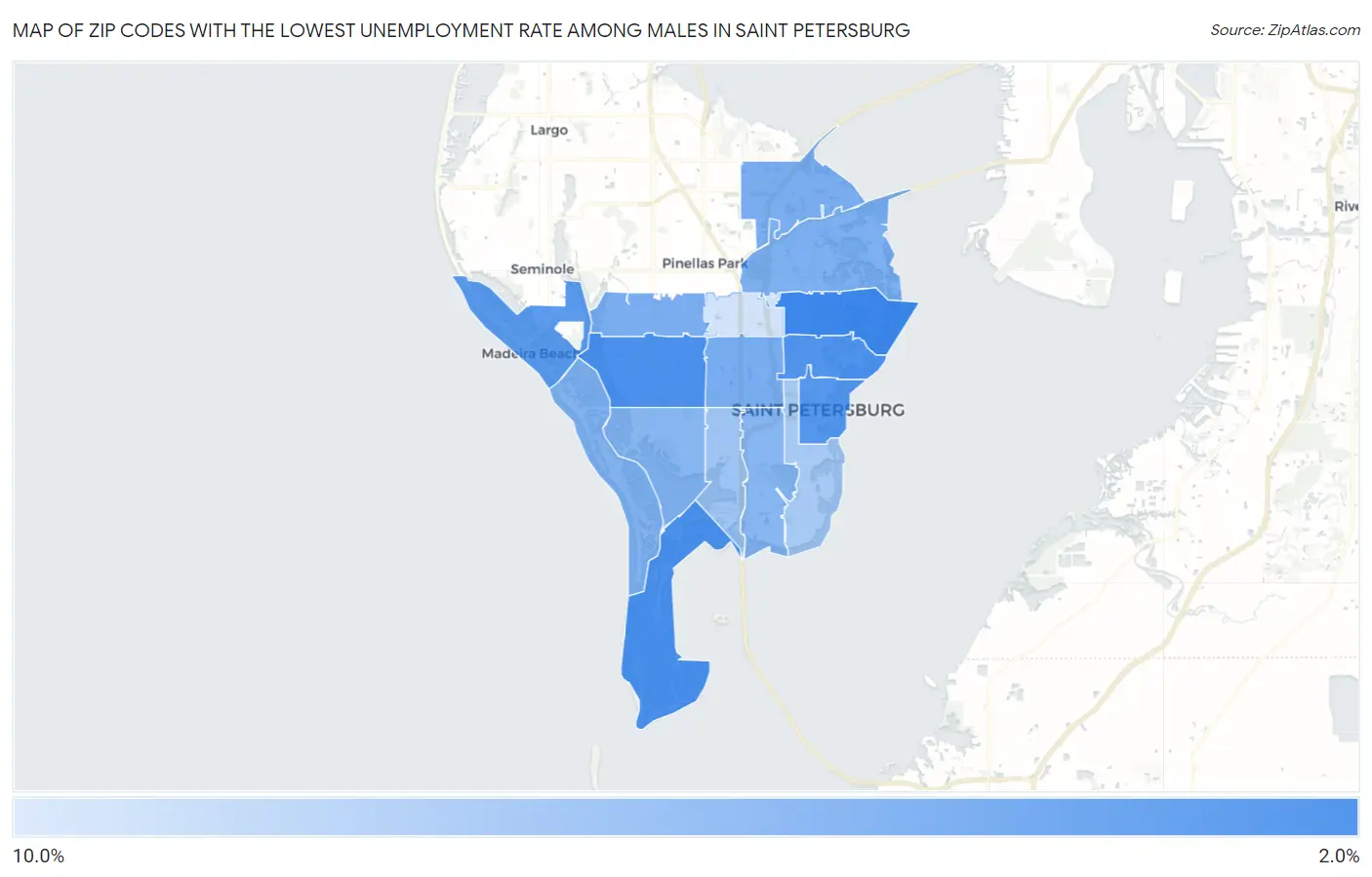 Zip Codes with the Lowest Unemployment Rate Among Males in Saint Petersburg Map