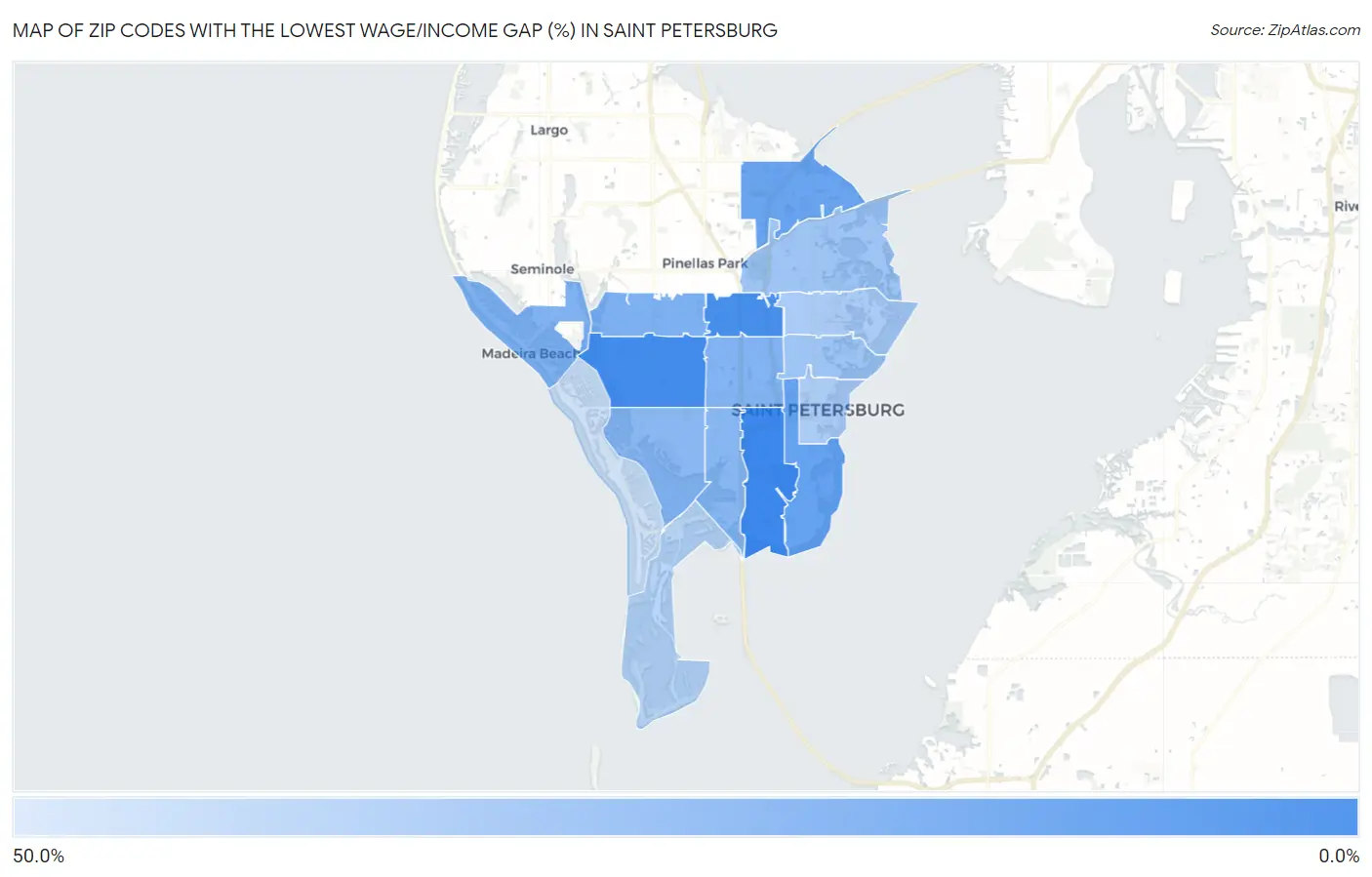 Zip Codes with the Lowest Wage/Income Gap (%) in Saint Petersburg Map