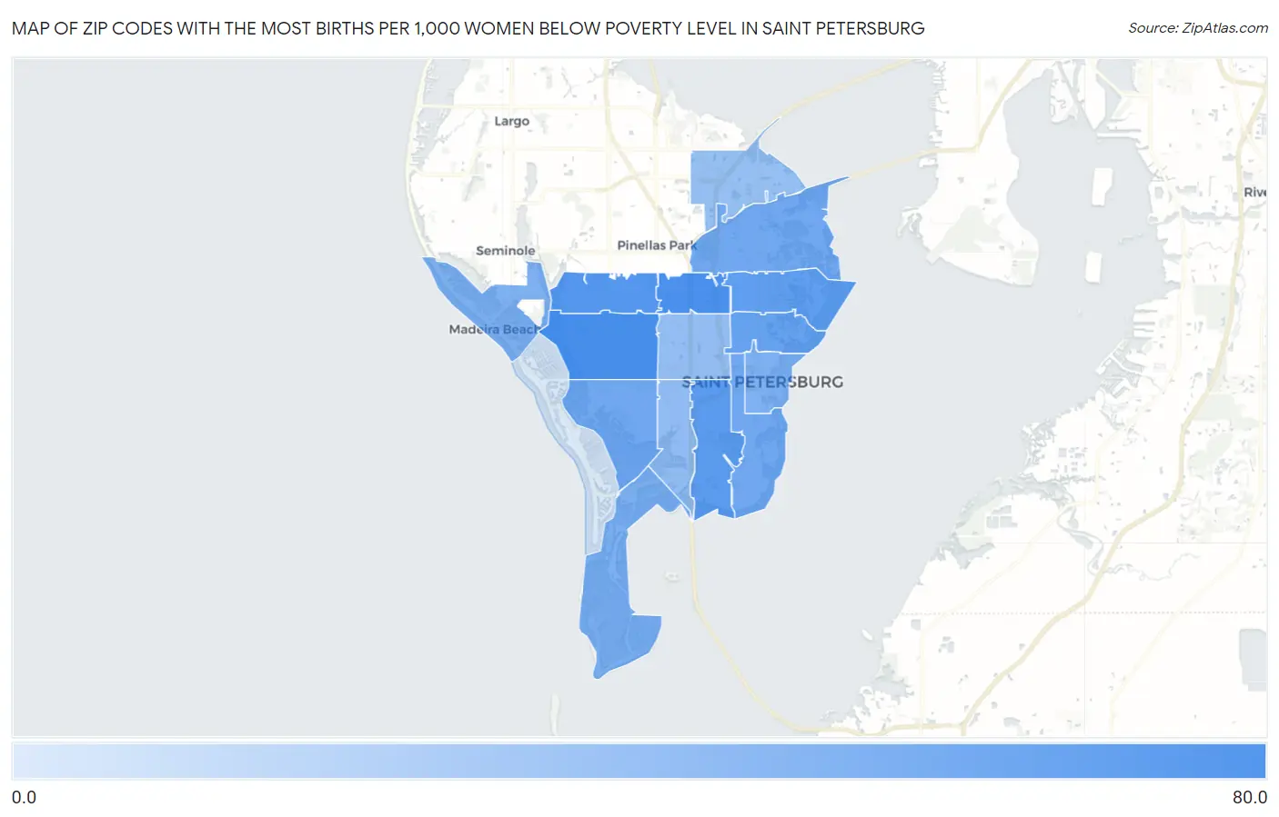 Zip Codes with the Most Births per 1,000 Women Below Poverty Level in Saint Petersburg Map